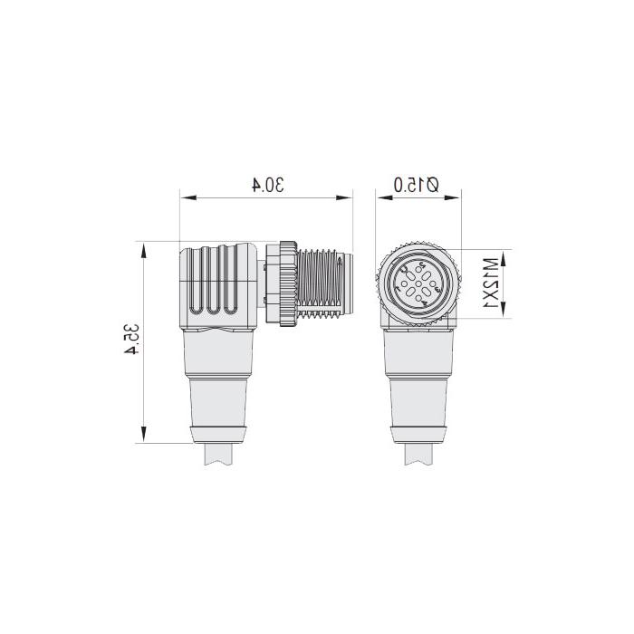 M12 5Pin、公头90°、单端预铸电缆、防焊渣PUR材质、黄色护套、64T561-XXX